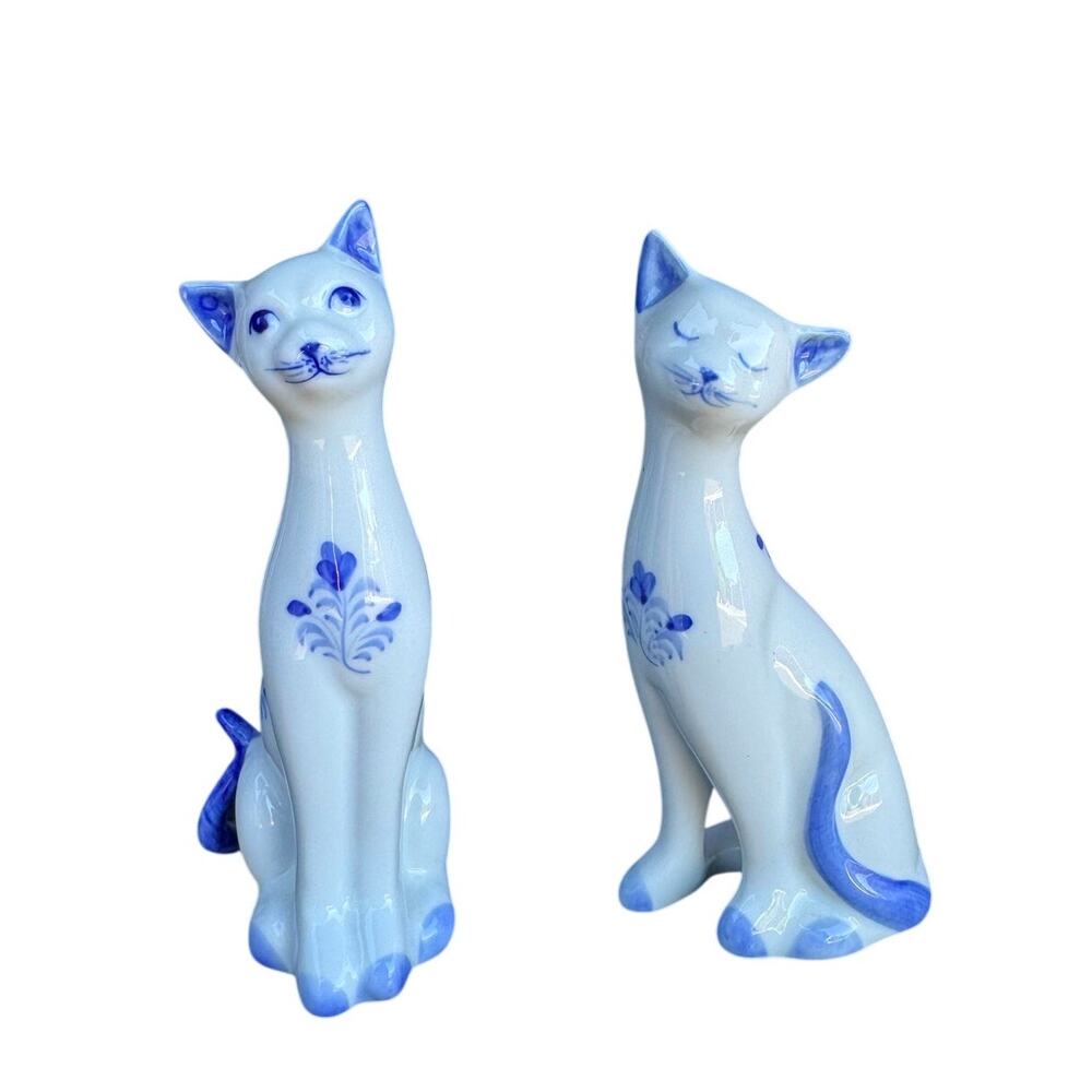 Vintage Andrea by Sadek Blue & White Porcelain Cats hand painted 80s 90s
